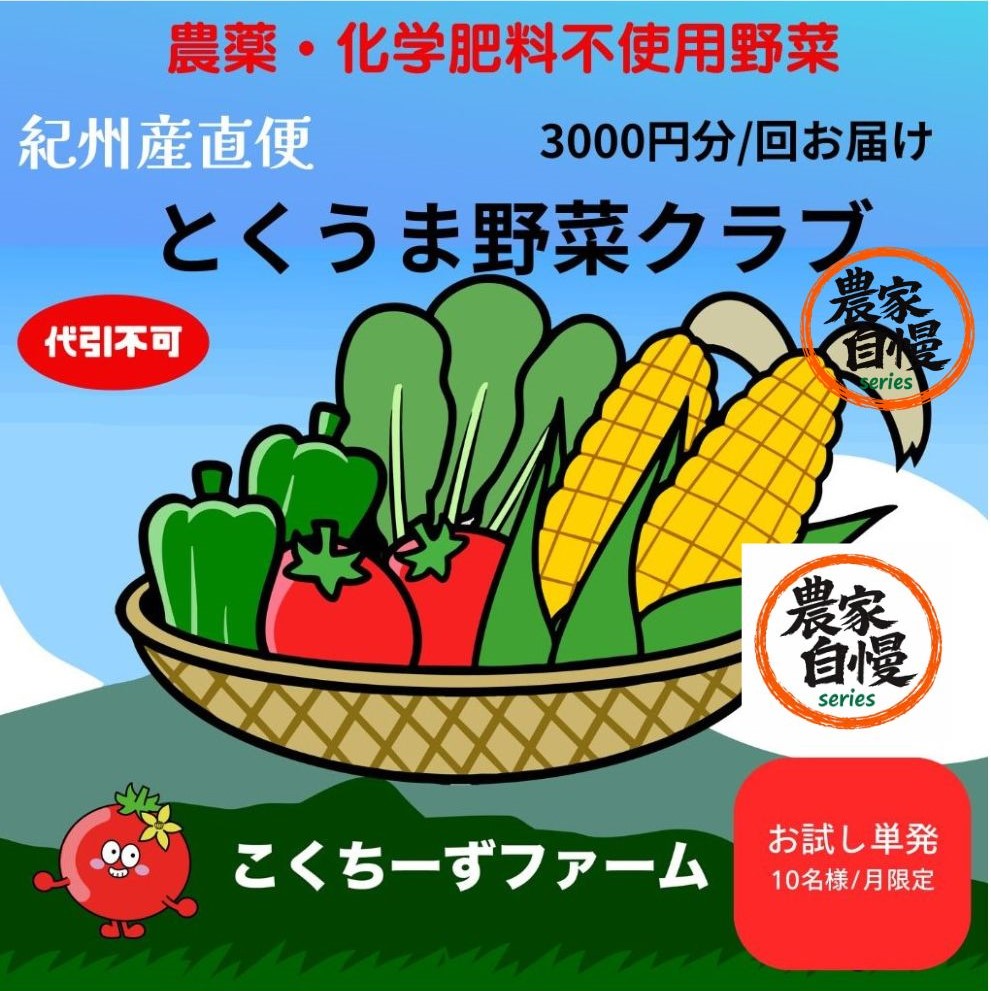 初めての方限定　サブスクのお試しに　今ならさらにお得！紀州産直便＆こくちーずファームのタイアップ企画「とくうま野菜クラブ」の通常購入商品です