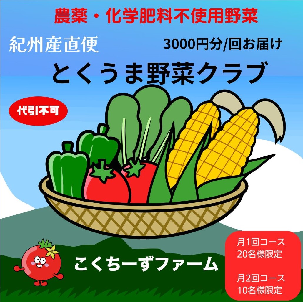 農薬不使用、化学肥料不使用のお野菜をご自宅にお届けするサブスクです（期間限定5月～12月）。紀州産直便と、こくちーずファームとのタイアップ企画！紀州産直便「とくうま野菜クラブ」ご予約受付スタート！